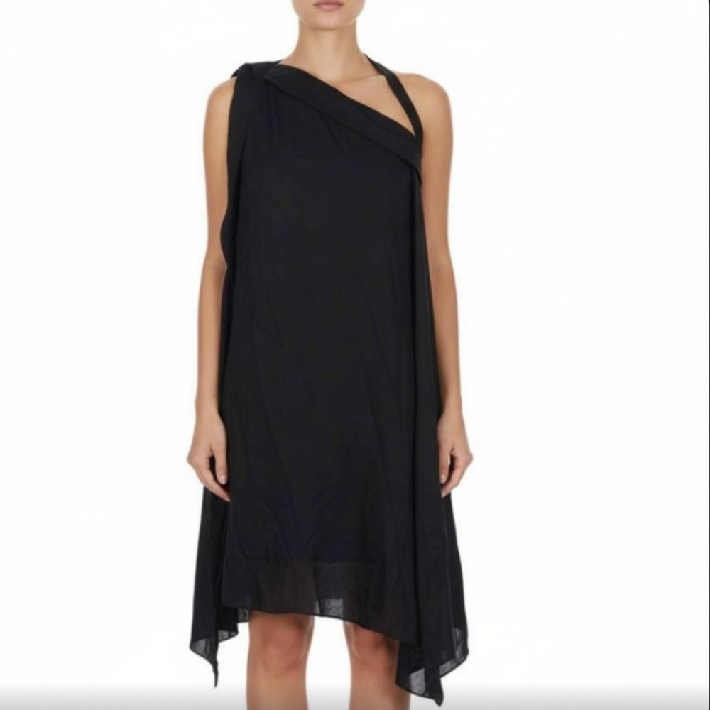 Leon Max Black Flowy Asymmetrical Layered Silk Cocktail Formal Dress NWT Size 6